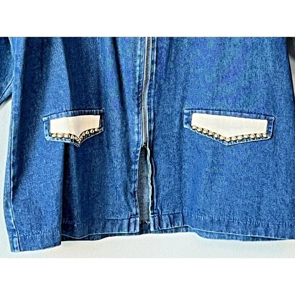 Vtg Gepetto Womens Blue Denim Gold Studs Jacket & Matching Pull on Pants XL SET